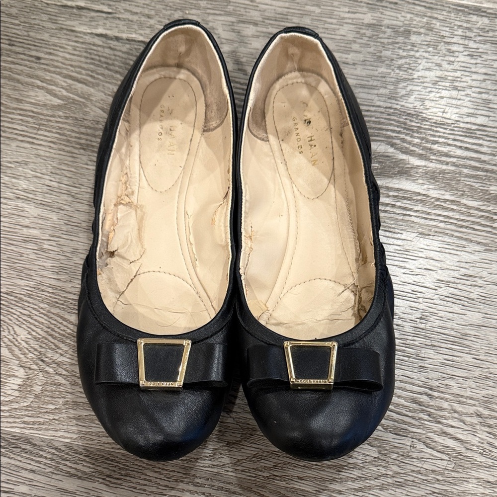 Cole Haan Black Leather Flats with Bow Accent